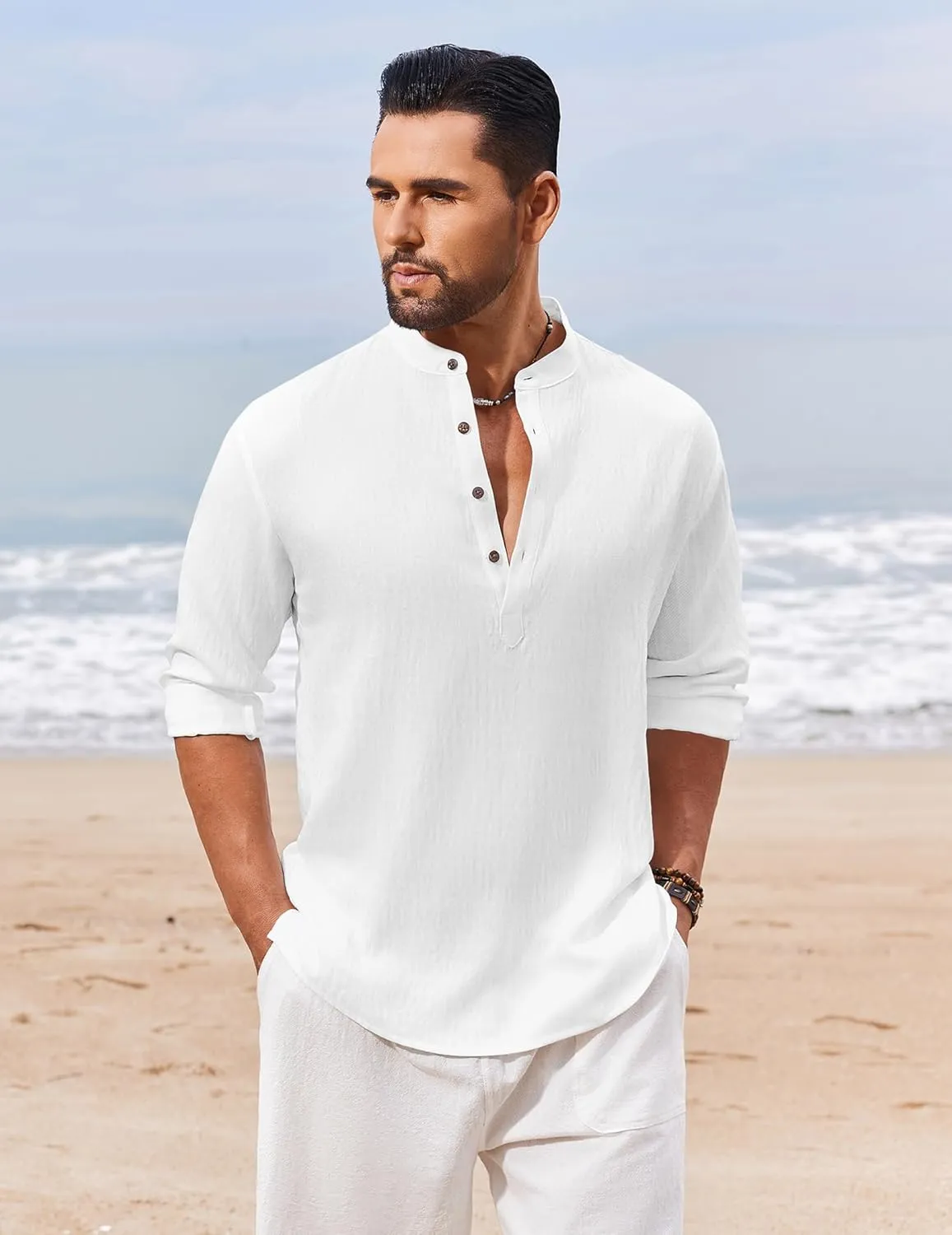 COOFANDY Men's Casual Henley Shirt Long Sleeve Band Collar Shirts Summer Beach Hippie Button T-Shirts