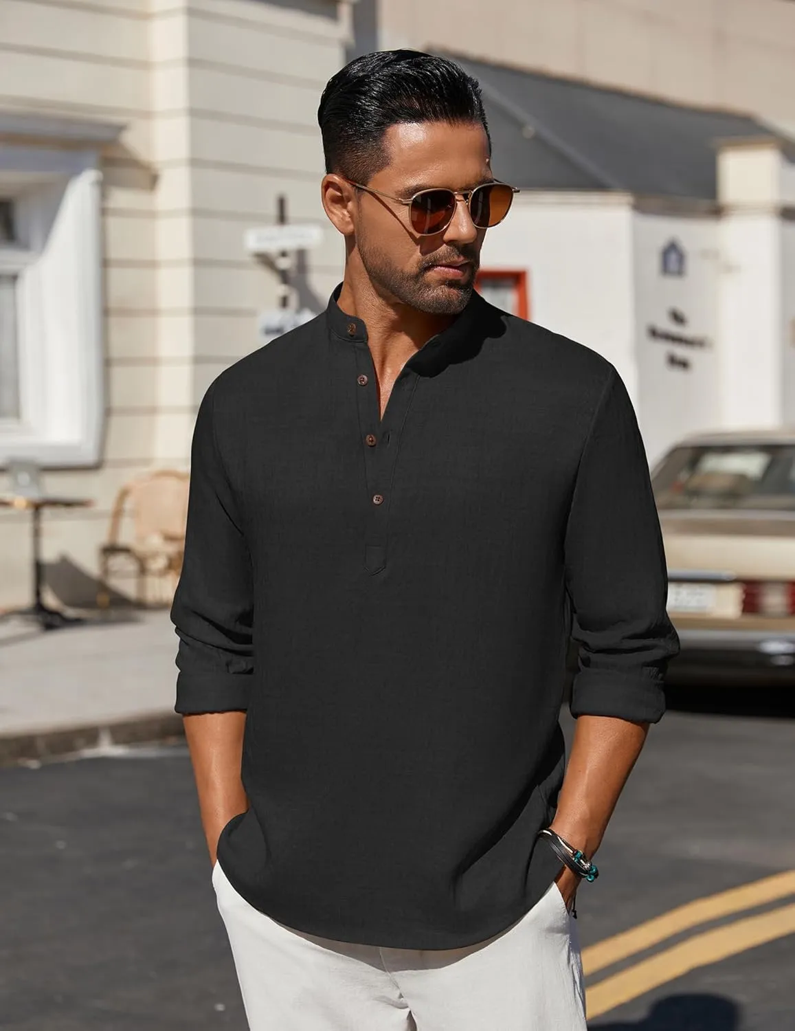 COOFANDY Men's Casual Henley Shirt Long Sleeve Band Collar Shirts Summer Beach Hippie Button T-Shirts