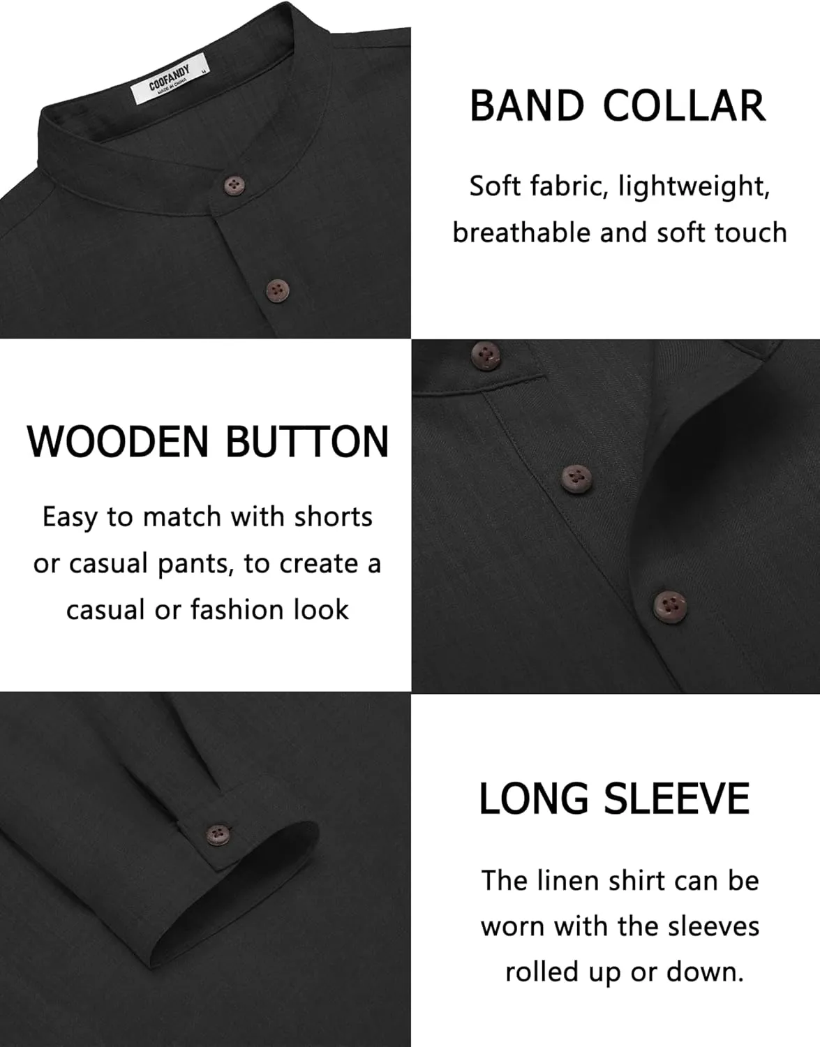 COOFANDY Men's Casual Henley Shirt Long Sleeve Band Collar Shirts Summer Beach Hippie Button T-Shirts