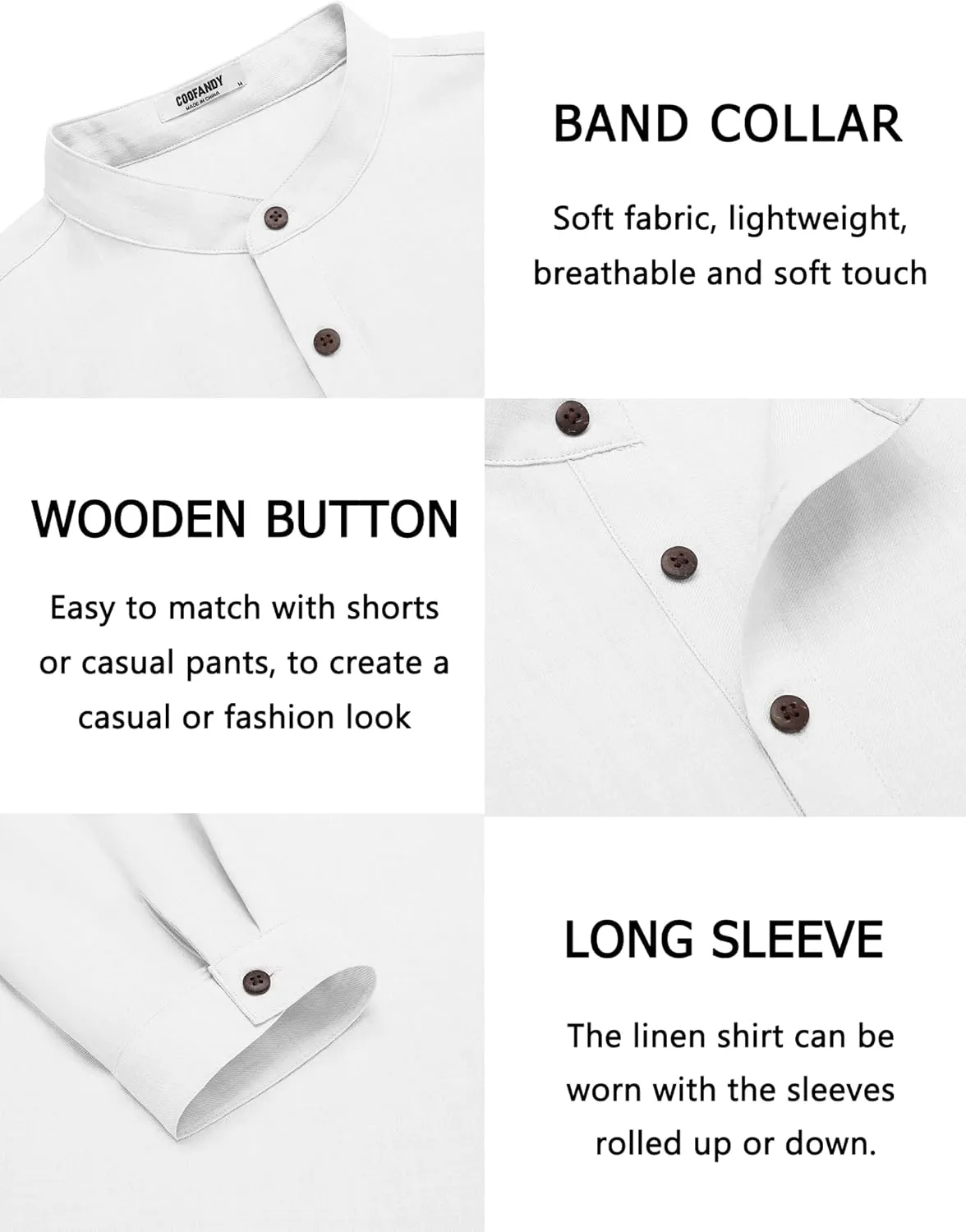 COOFANDY Men's Casual Henley Shirt Long Sleeve Band Collar Shirts Summer Beach Hippie Button T-Shirts
