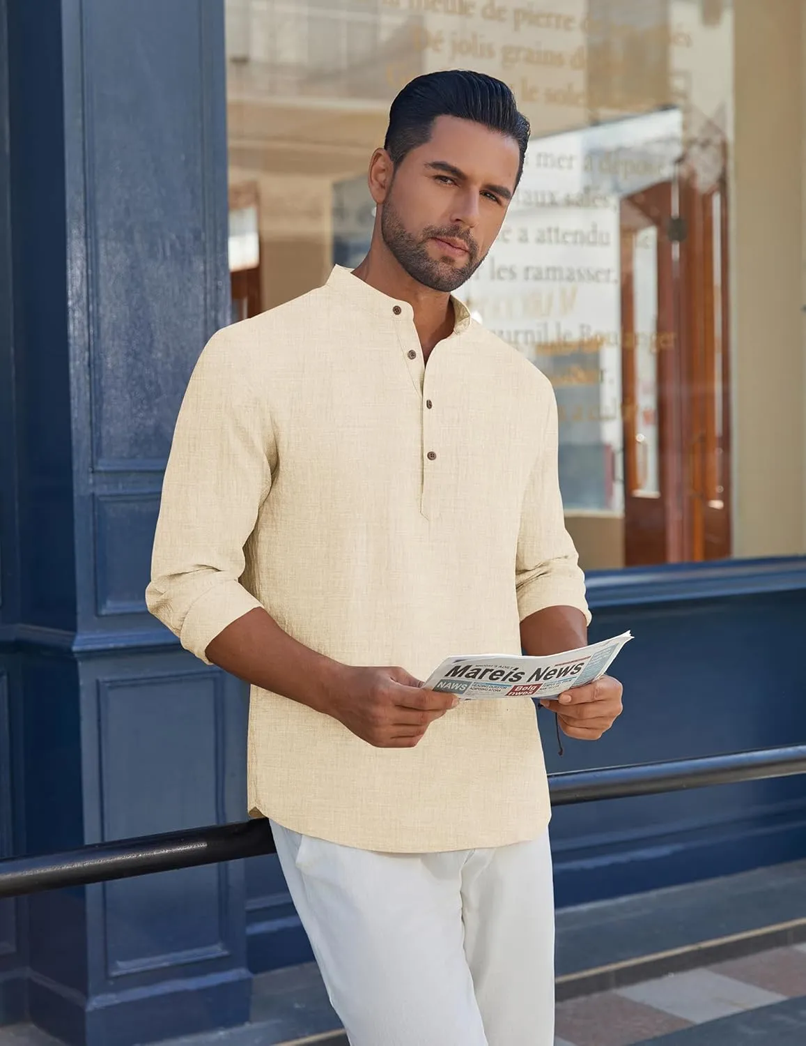 COOFANDY Men's Casual Henley Shirt Long Sleeve Band Collar Shirts Summer Beach Hippie Button T-Shirts