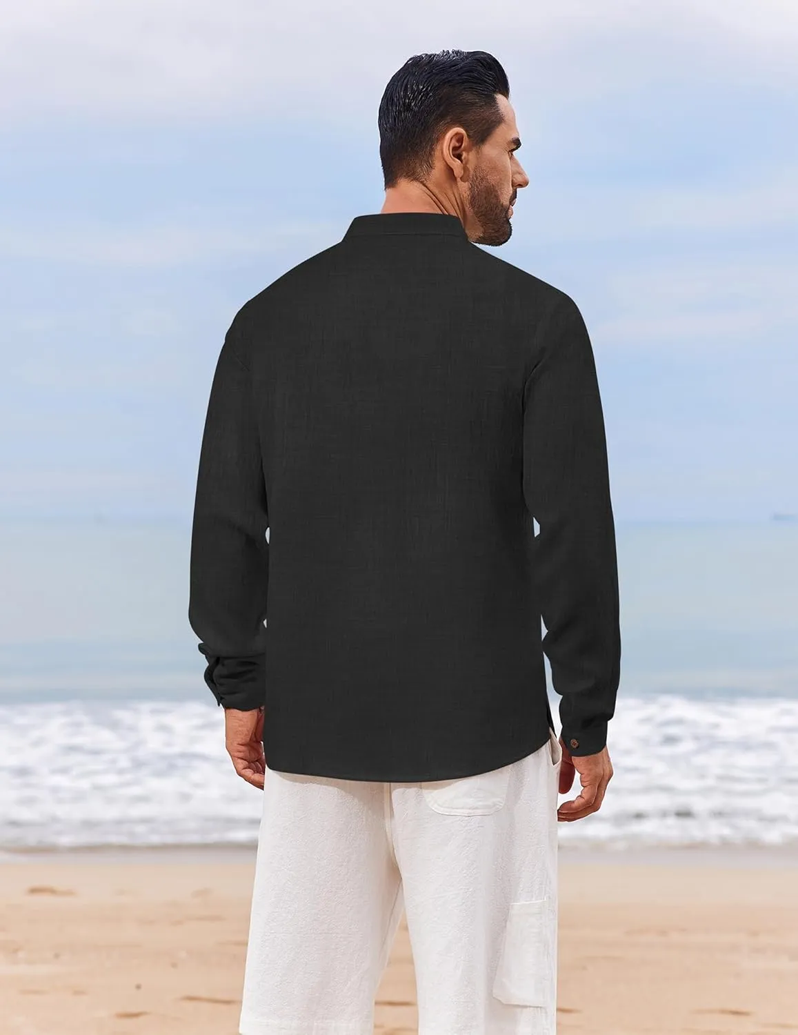 COOFANDY Men's Casual Henley Shirt Long Sleeve Band Collar Shirts Summer Beach Hippie Button T-Shirts