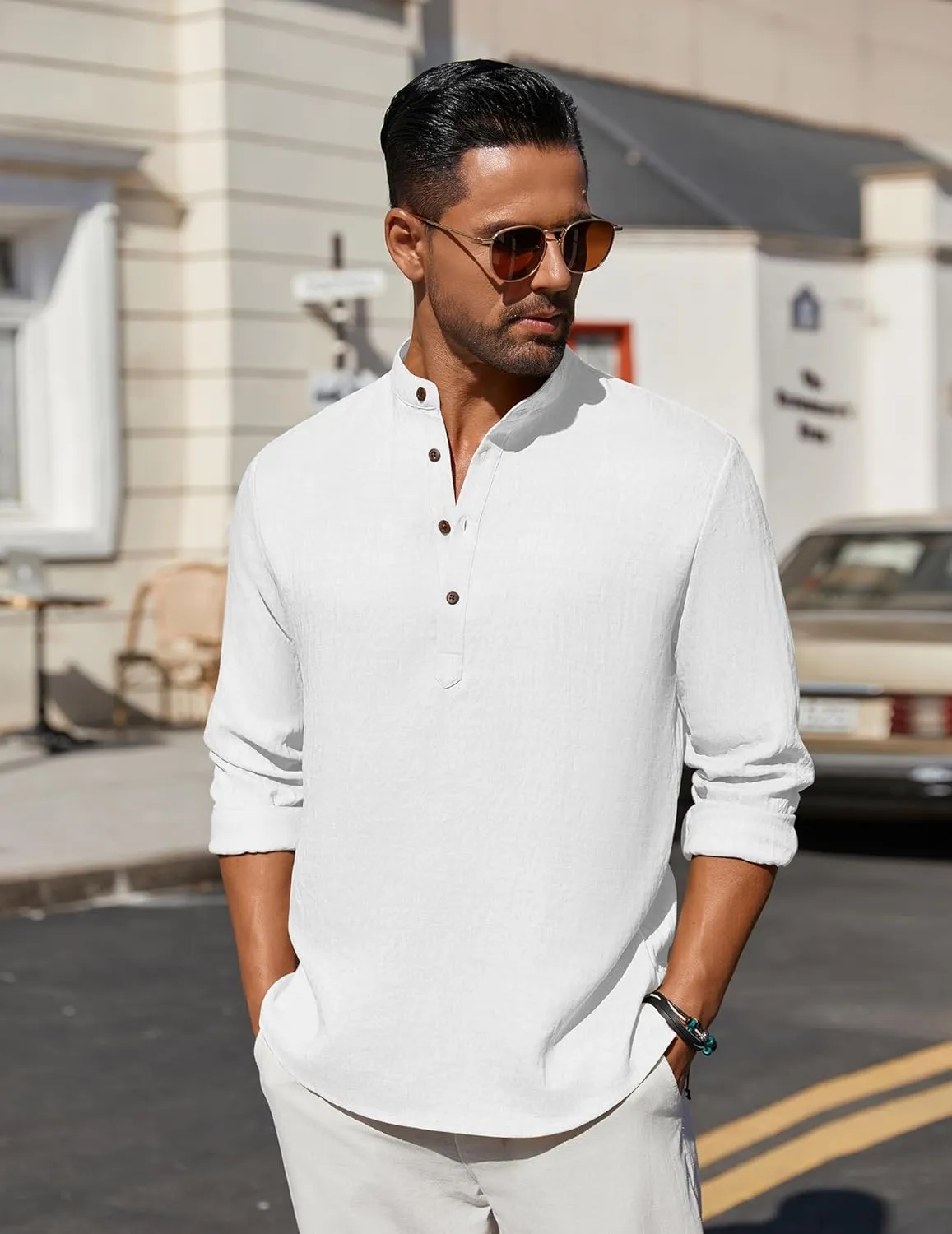 COOFANDY Men's Casual Henley Shirt Long Sleeve Band Collar Shirts Summer Beach Hippie Button T-Shirts