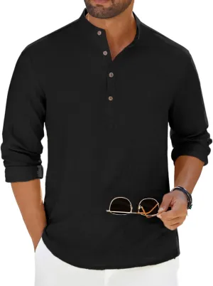 COOFANDY Men's Casual Henley Shirt Long Sleeve Band Collar Shirts Summer Beach Hippie Button T-Shirts
