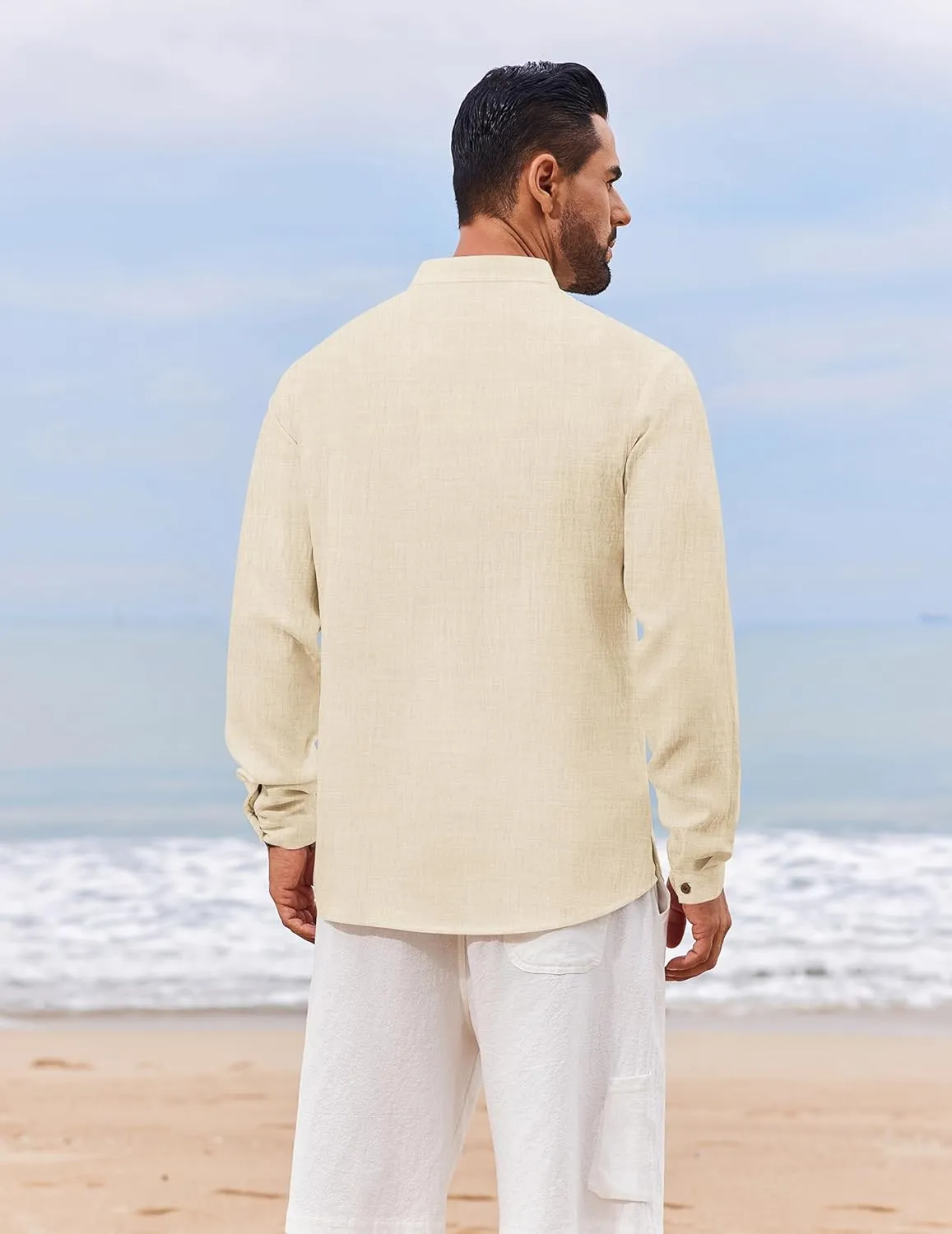 COOFANDY Men's Casual Henley Shirt Long Sleeve Band Collar Shirts Summer Beach Hippie Button T-Shirts