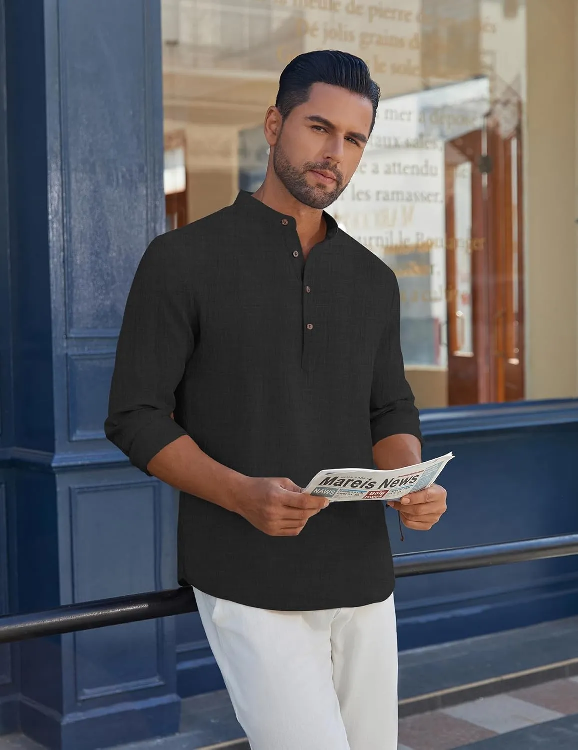 COOFANDY Men's Casual Henley Shirt Long Sleeve Band Collar Shirts Summer Beach Hippie Button T-Shirts