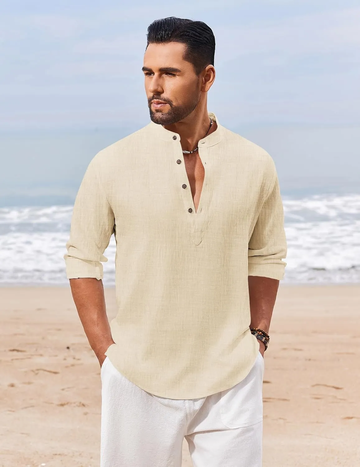 COOFANDY Men's Casual Henley Shirt Long Sleeve Band Collar Shirts Summer Beach Hippie Button T-Shirts