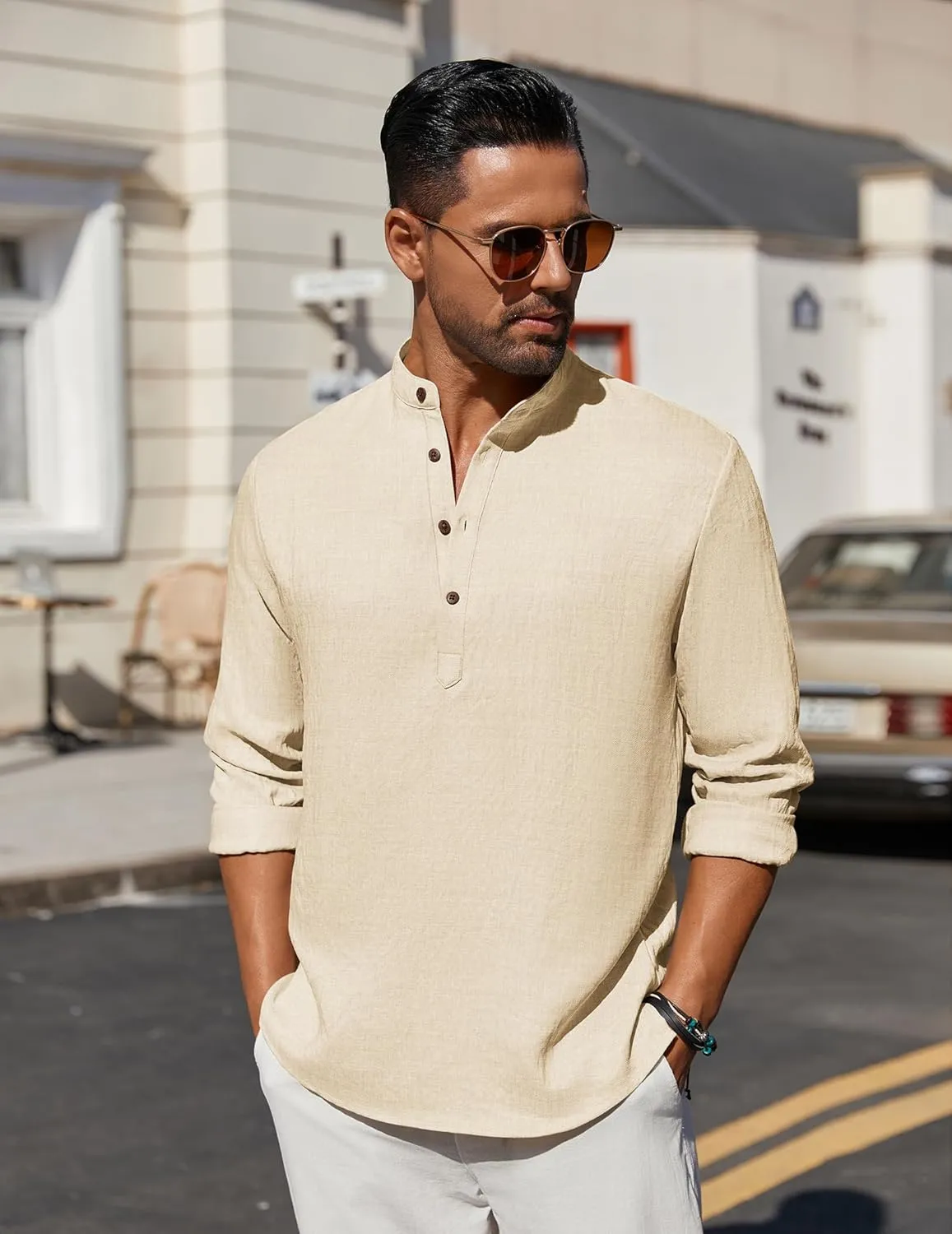COOFANDY Men's Casual Henley Shirt Long Sleeve Band Collar Shirts Summer Beach Hippie Button T-Shirts