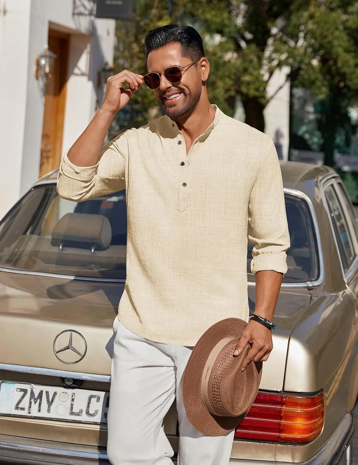COOFANDY Men's Casual Henley Shirt Long Sleeve Band Collar Shirts Summer Beach Hippie Button T-Shirts