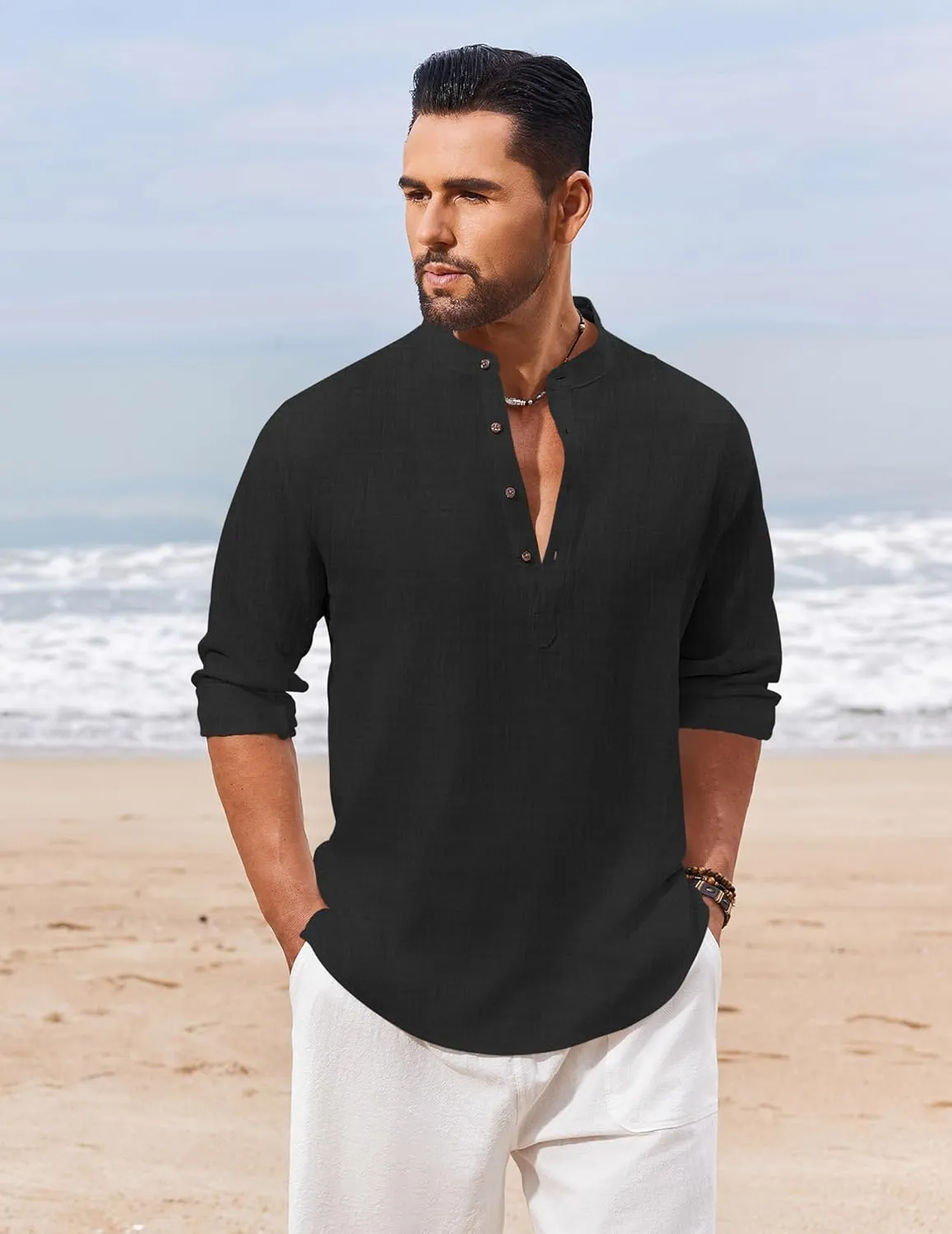 COOFANDY Men's Casual Henley Shirt Long Sleeve Band Collar Shirts Summer Beach Hippie Button T-Shirts
