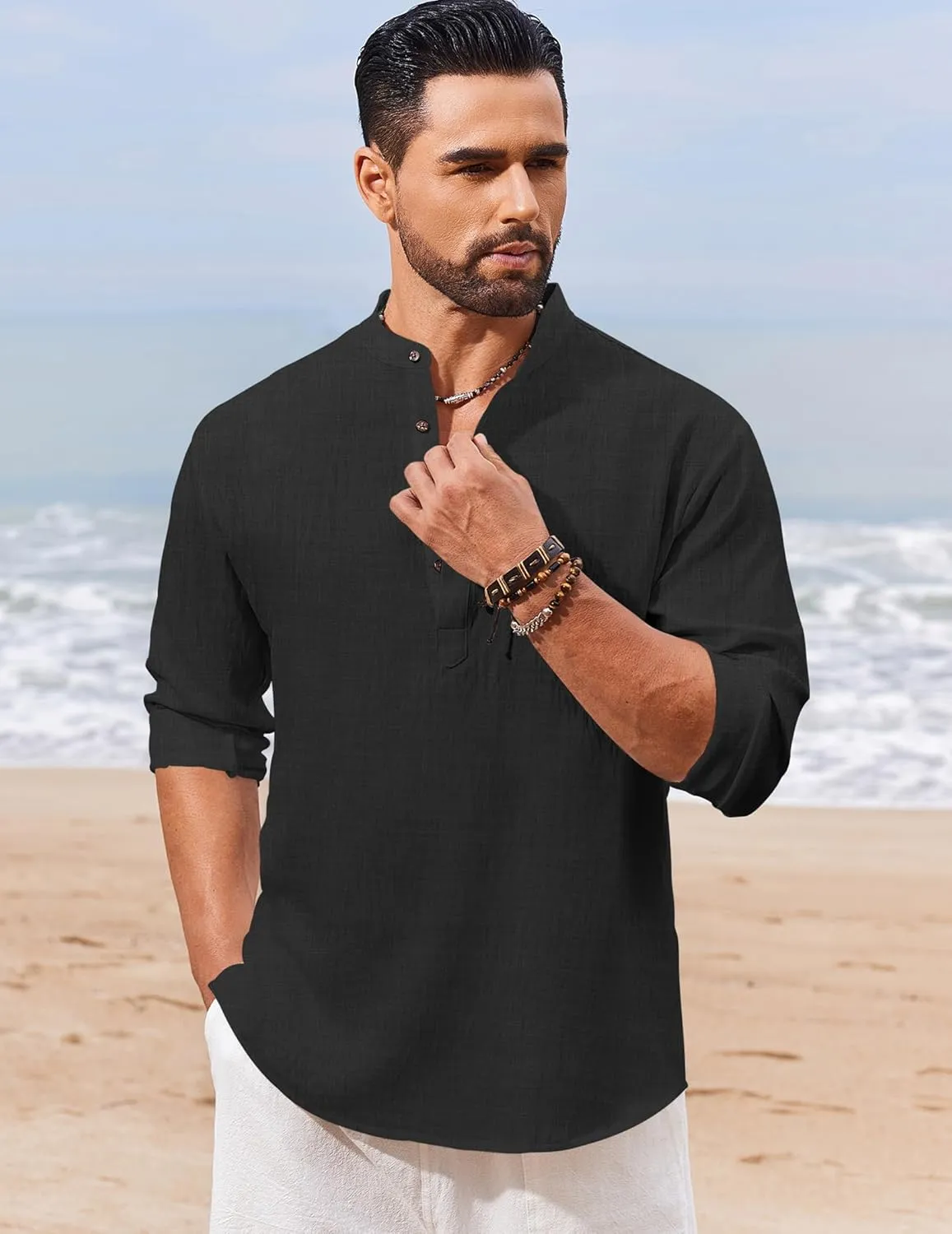 COOFANDY Men's Casual Henley Shirt Long Sleeve Band Collar Shirts Summer Beach Hippie Button T-Shirts