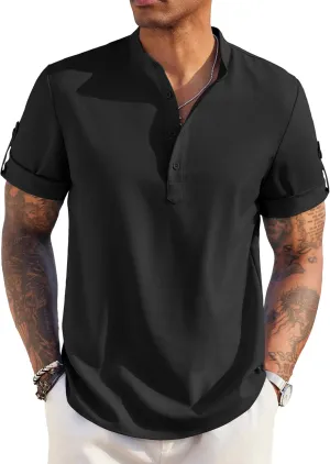 COOFANDY Men's Casual Henley Shirt Short Sleeve Band Collar Linen Shirt Summer Beach Hippie T-Shirts