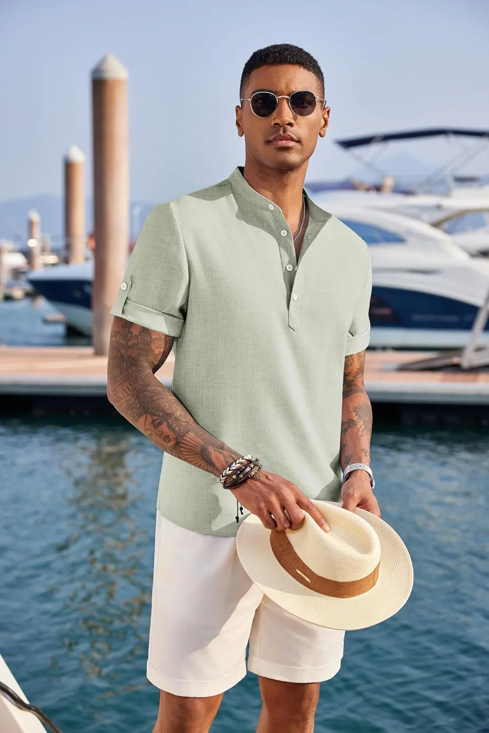 COOFANDY Men's Casual Henley Shirt Short Sleeve Band Collar Linen Shirt Summer Beach Hippie T-Shirts