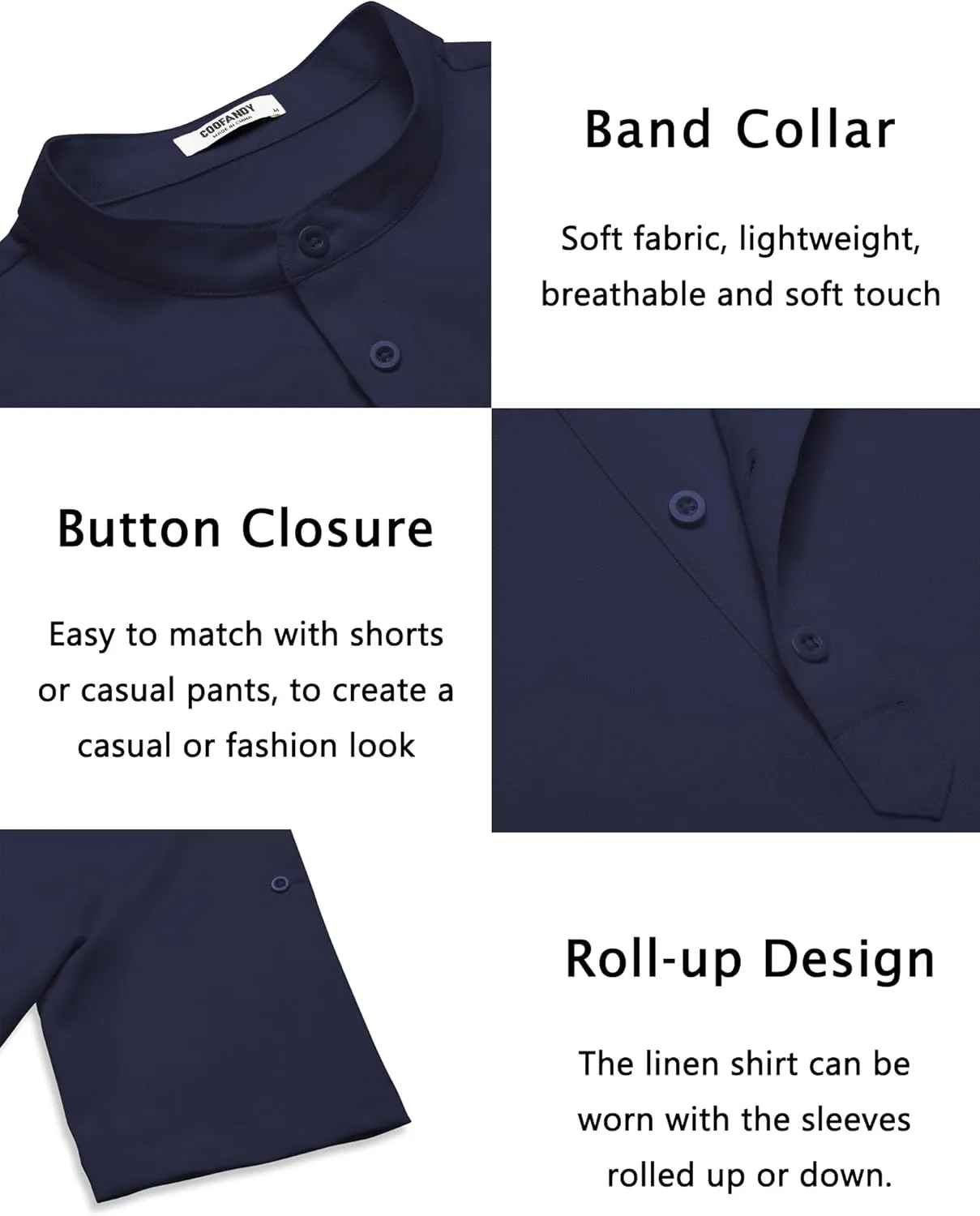 COOFANDY Men's Casual Henley Shirt Short Sleeve Band Collar Linen Shirt Summer Beach Hippie T-Shirts