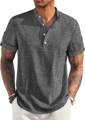 COOFANDY Men's Casual Henley Shirt Short Sleeve Band Collar Linen Shirt Summer Beach Hippie T-Shirts