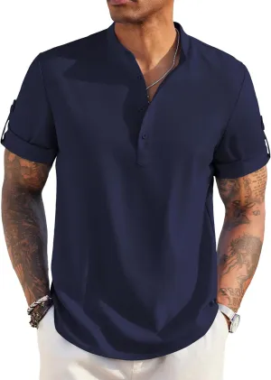 COOFANDY Men's Casual Henley Shirt Short Sleeve Band Collar Linen Shirt Summer Beach Hippie T-Shirts
