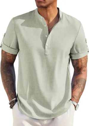 COOFANDY Men's Casual Henley Shirt Short Sleeve Band Collar Linen Shirt Summer Beach Hippie T-Shirts