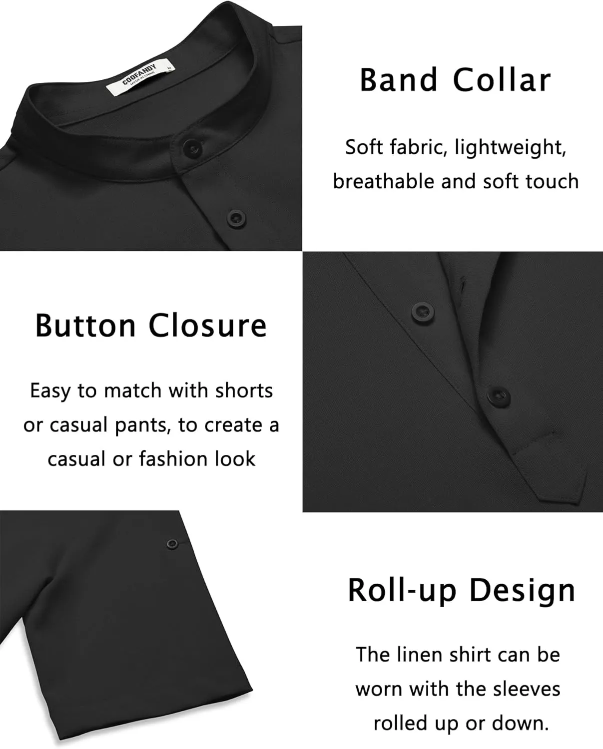 COOFANDY Men's Casual Henley Shirt Short Sleeve Band Collar Linen Shirt Summer Beach Hippie T-Shirts