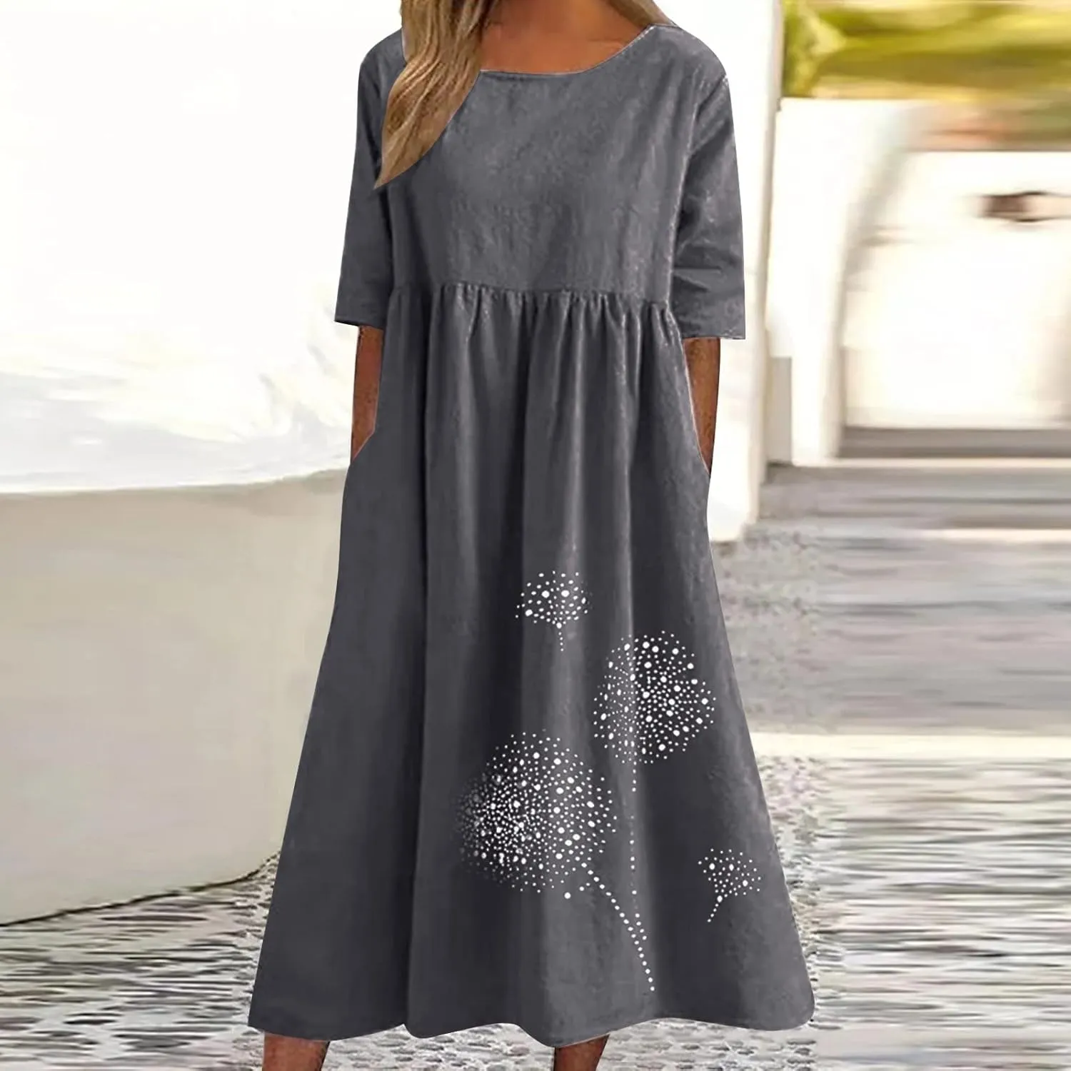 Cotton Linen Maxi Dresses for Women Casual Summer Plus Size Short Sleeve Tshirt Dress Ladies Beach Vacation Sundress