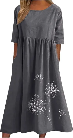 Cotton Linen Maxi Dresses for Women Casual Summer Plus Size Short Sleeve Tshirt Dress Ladies Beach Vacation Sundress