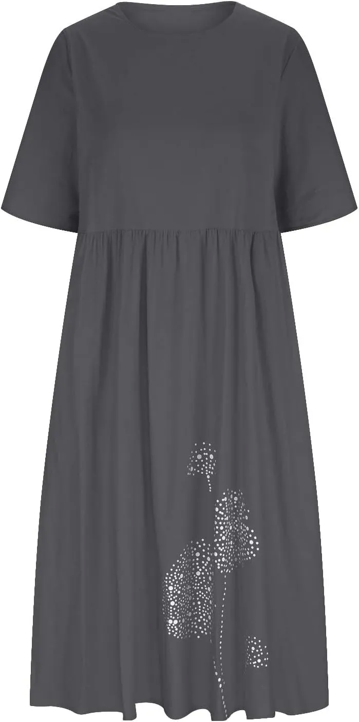 Cotton Linen Maxi Dresses for Women Casual Summer Plus Size Short Sleeve Tshirt Dress Ladies Beach Vacation Sundress