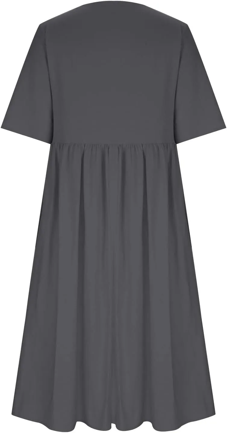 Cotton Linen Maxi Dresses for Women Casual Summer Plus Size Short Sleeve Tshirt Dress Ladies Beach Vacation Sundress