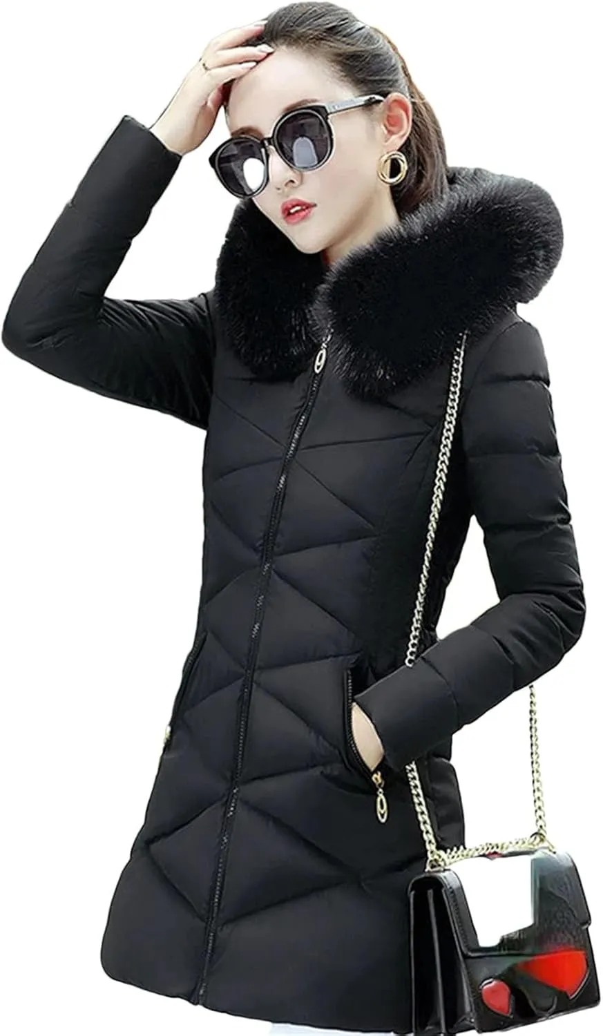 Dcvmvmn Women's Winter Hooded Parka Long Coat Female Casual Warm Thicken Outwear Cotton Padded Jacket Black