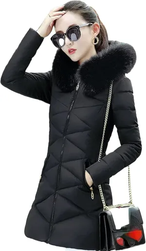 Dcvmvmn Women's Winter Hooded Parka Long Coat Female Casual Warm Thicken Outwear Cotton Padded Jacket Black