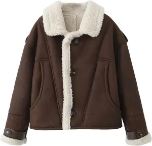 Dcvmvmn Women's Winter Thick Suede Coat Faux Lambskin Jacket Female Short Cotton Padded Overcoat Maroon