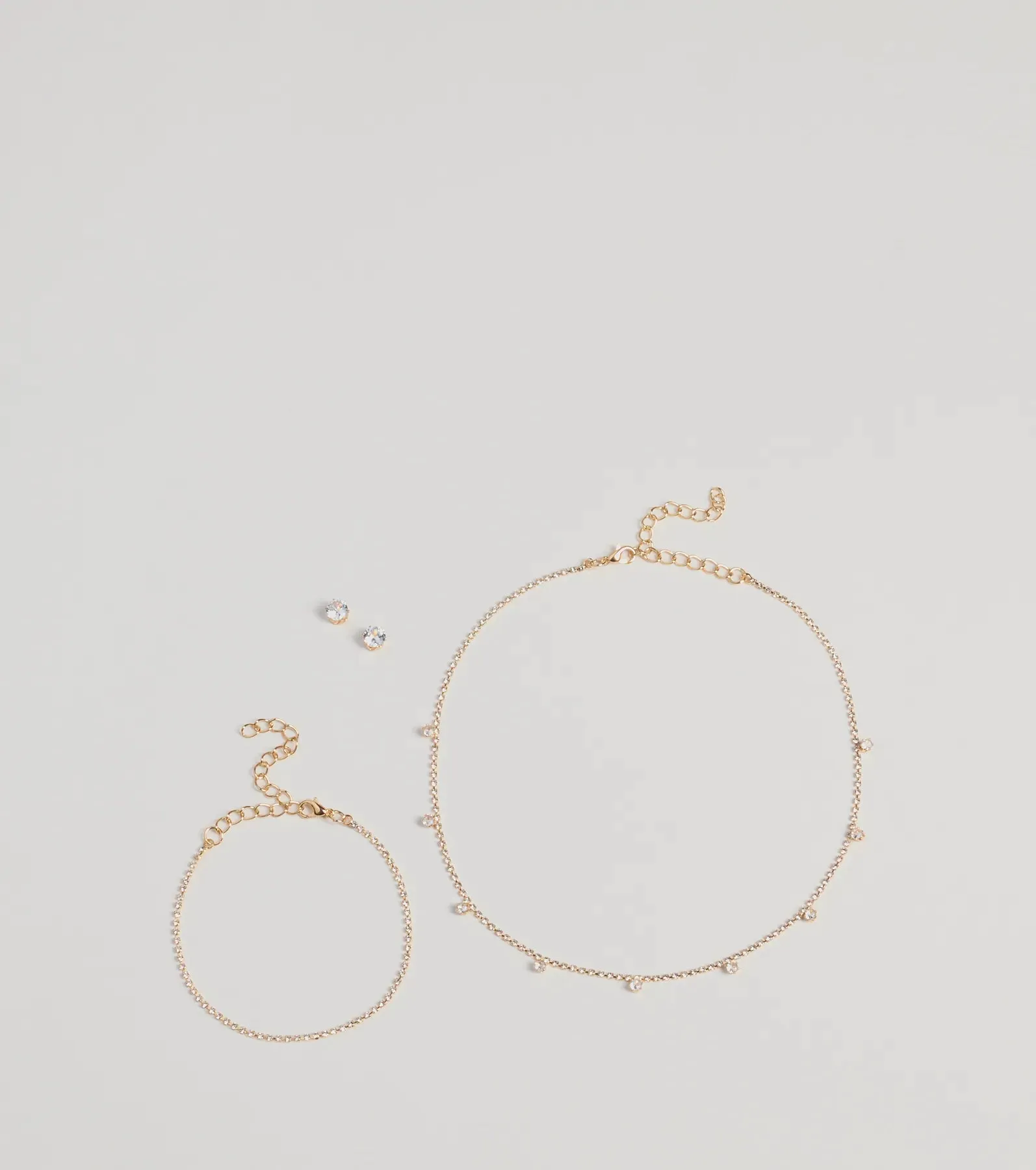 Delicate Glam Rhinestone Necklace, Bracelet, And Earrings Set