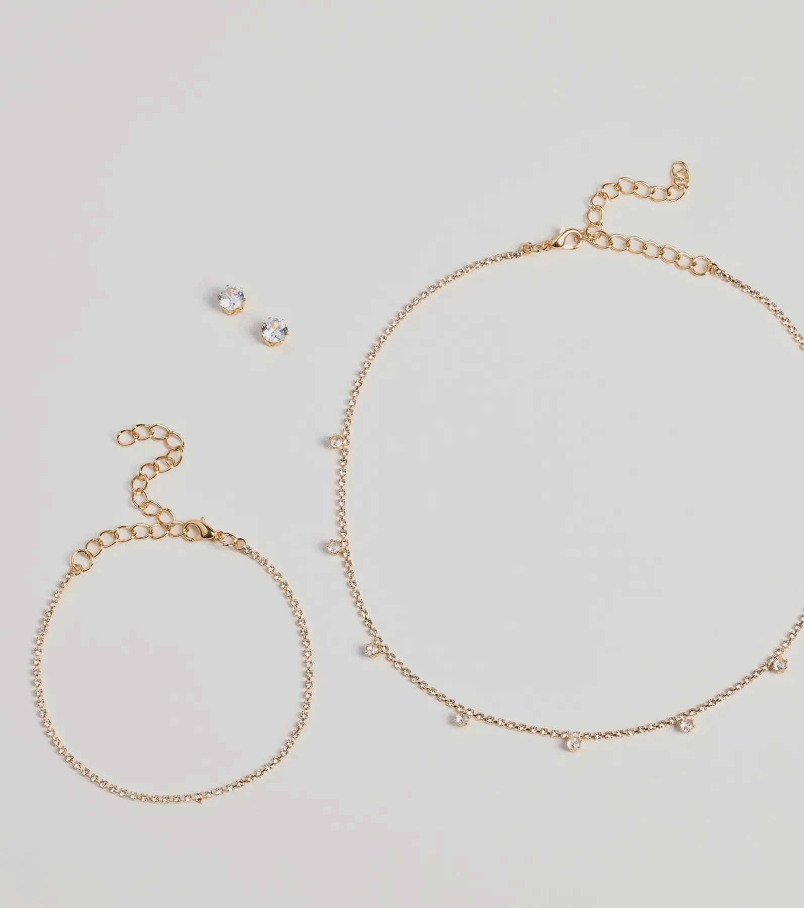 Delicate Glam Rhinestone Necklace, Bracelet, And Earrings Set