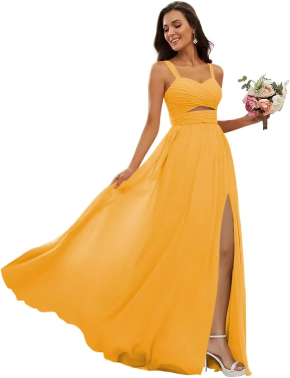 Dessiny Ruched Straps Chiffon Bridesmaid Dresses for Women with Slit Long A Line Pleated Formal Party Dress 2024 DE55