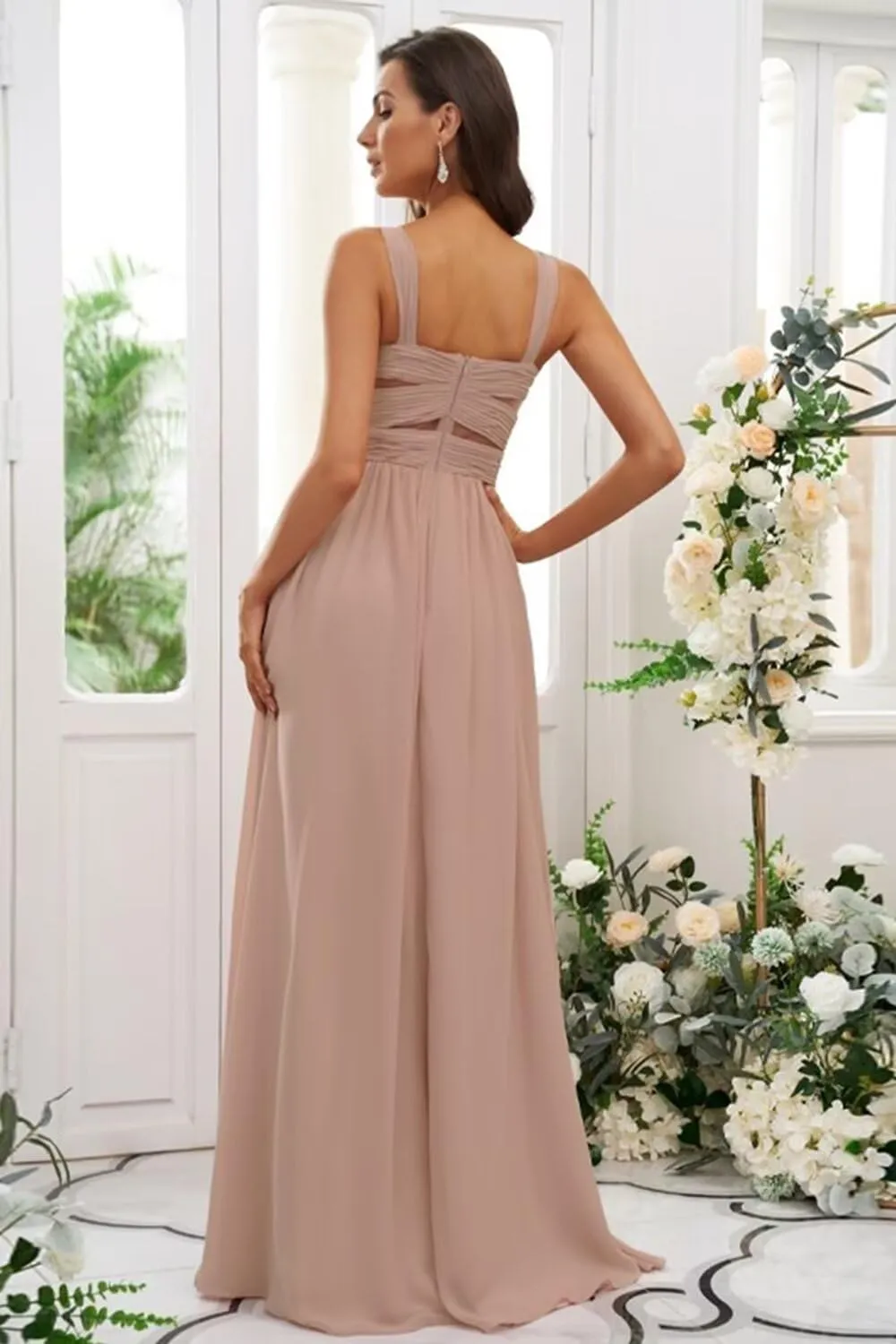 Dessiny Ruched Straps Chiffon Bridesmaid Dresses for Women with Slit Long A Line Pleated Formal Party Dress 2024 DE55