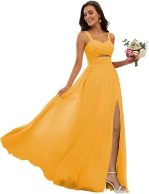 Dessiny Ruched Straps Chiffon Bridesmaid Dresses for Women with Slit Long A Line Pleated Formal Party Dress 2024 DE55