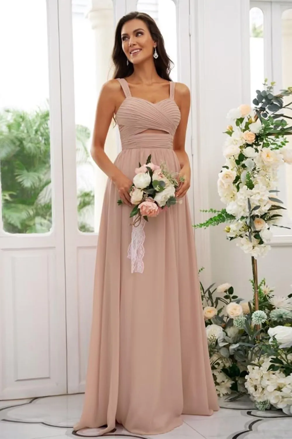 Dessiny Ruched Straps Chiffon Bridesmaid Dresses for Women with Slit Long A Line Pleated Formal Party Dress 2024 DE55