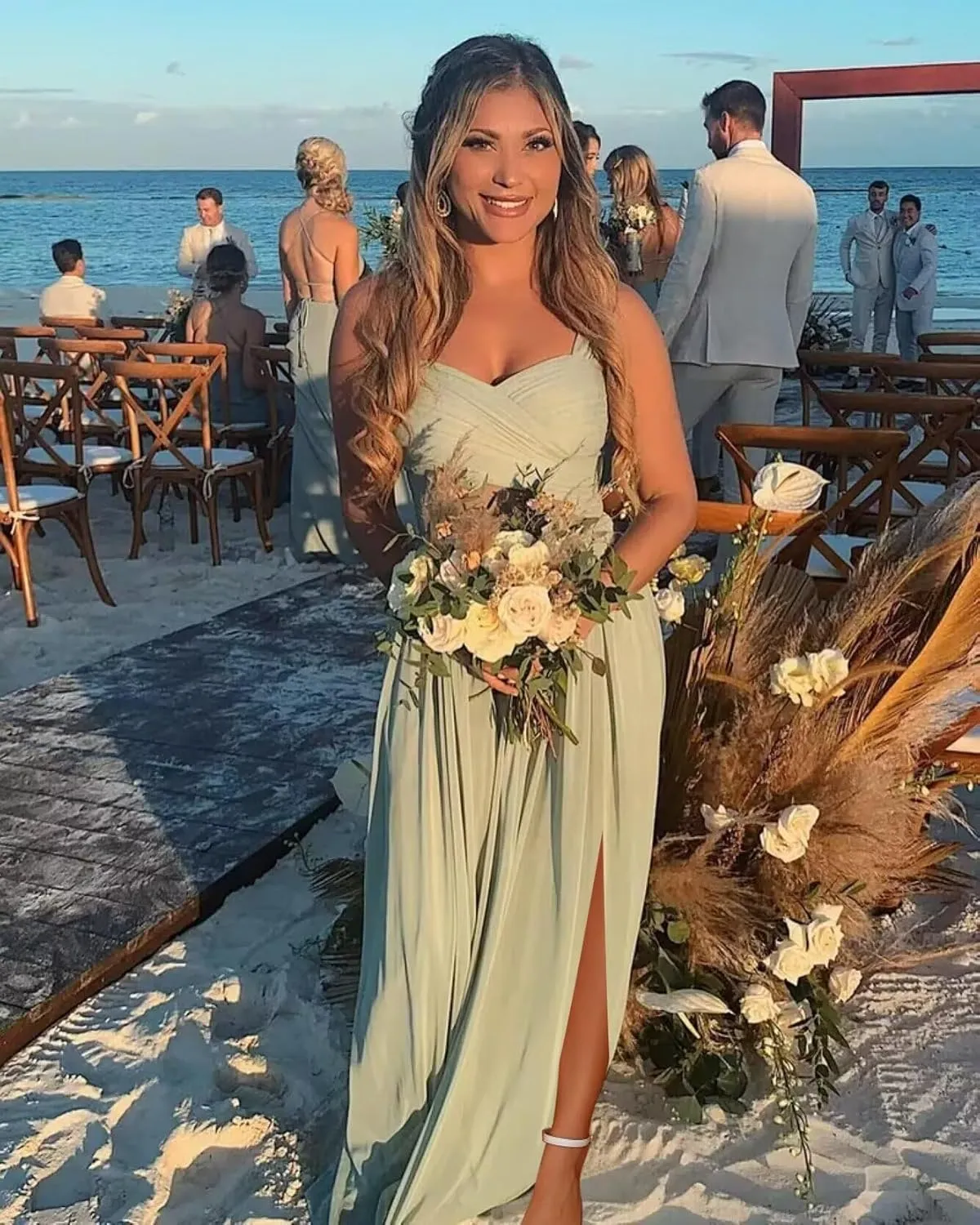 Dessiny Ruched Straps Chiffon Bridesmaid Dresses for Women with Slit Long A Line Pleated Formal Party Dress 2024 DE55