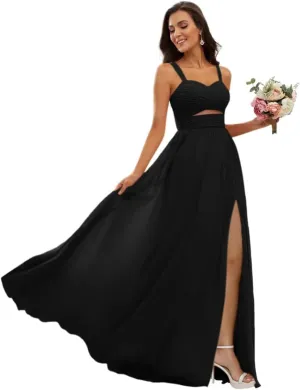 Dessiny Ruched Straps Chiffon Bridesmaid Dresses for Women with Slit Long A Line Pleated Formal Party Dress 2024 DE55