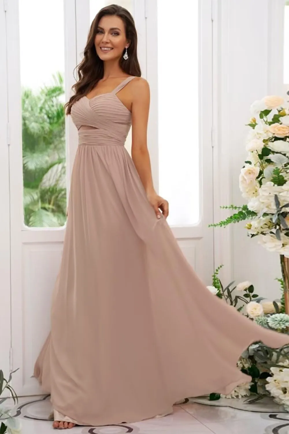 Dessiny Ruched Straps Chiffon Bridesmaid Dresses for Women with Slit Long A Line Pleated Formal Party Dress 2024 DE55