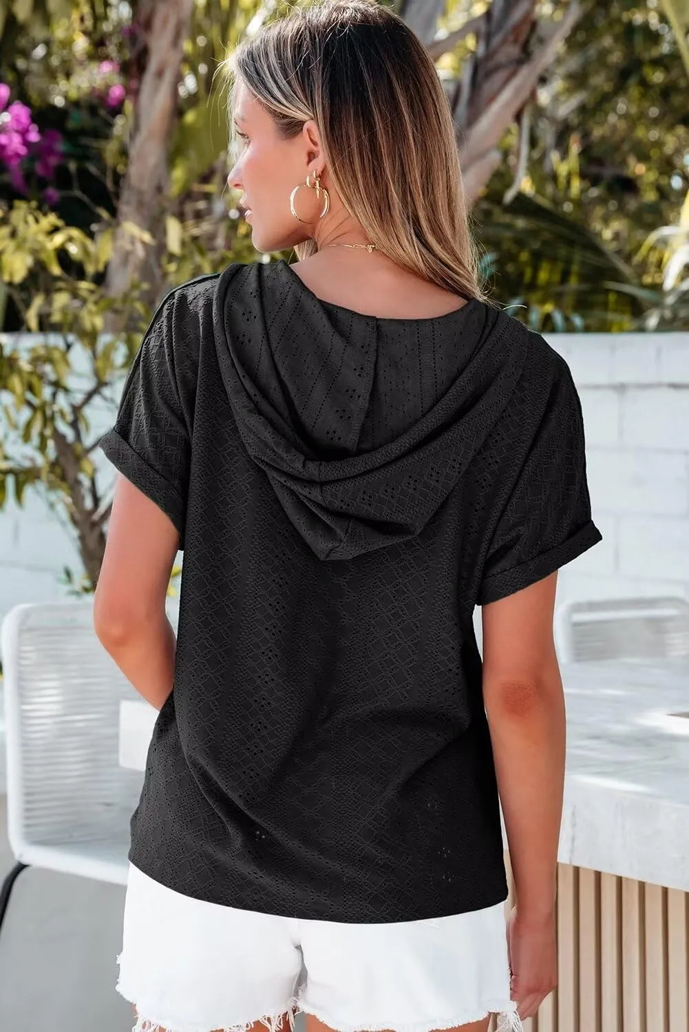 Dokotoo Sweatshirts for Women Spring Summer Hollow Out Hoodies Drawstring Button V Neck Short Sleeve Pullover Sweatshirt