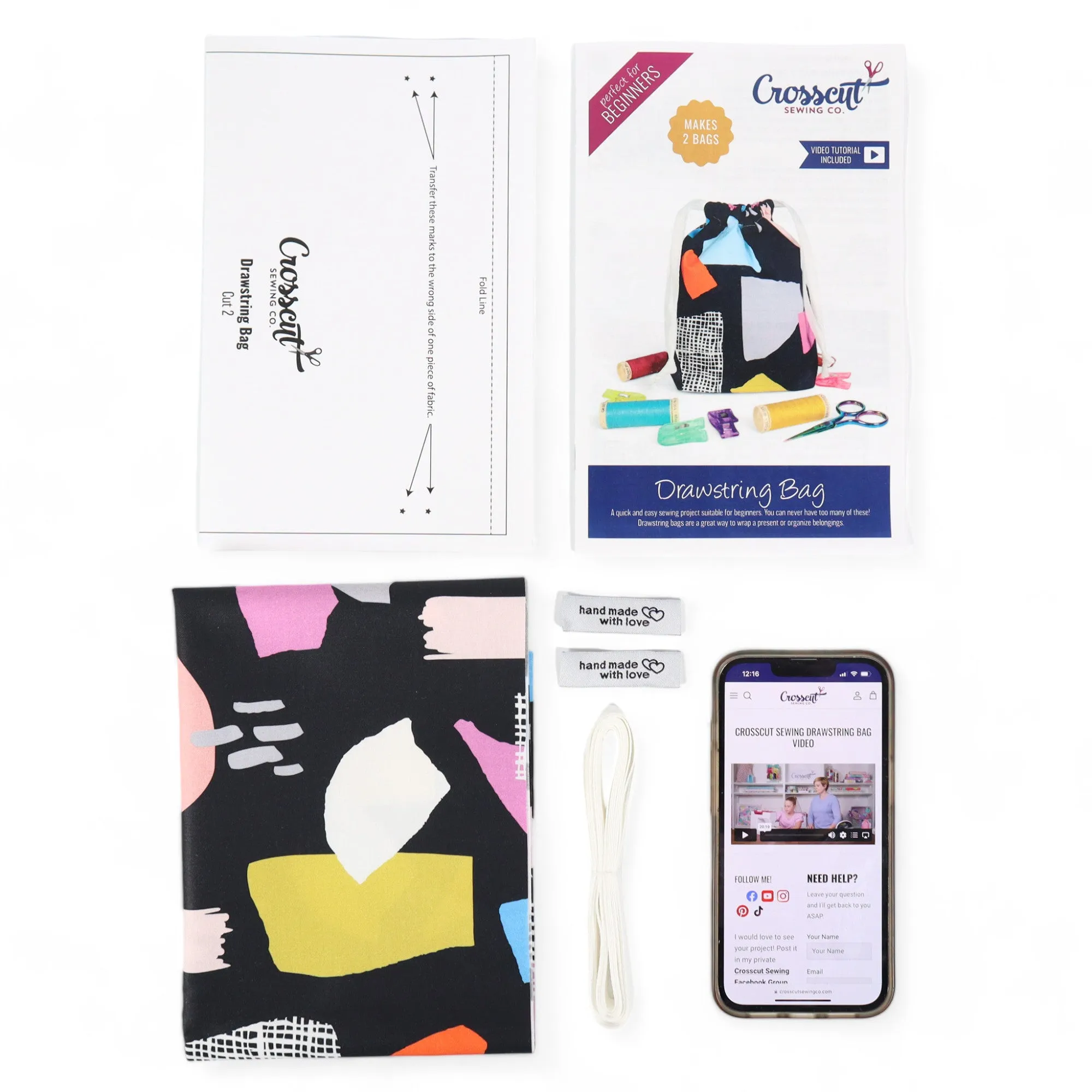 Drawstring Bag Sewing Kit - Abstract Black Geo - Makes 2 Bags
