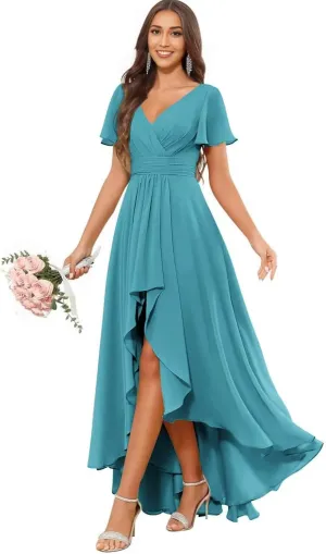 DREAMIND High Low Chiffon Bridesmaid Dress for Women V Neck Short Sleeve Evening Party Dresses with Pocket DD001