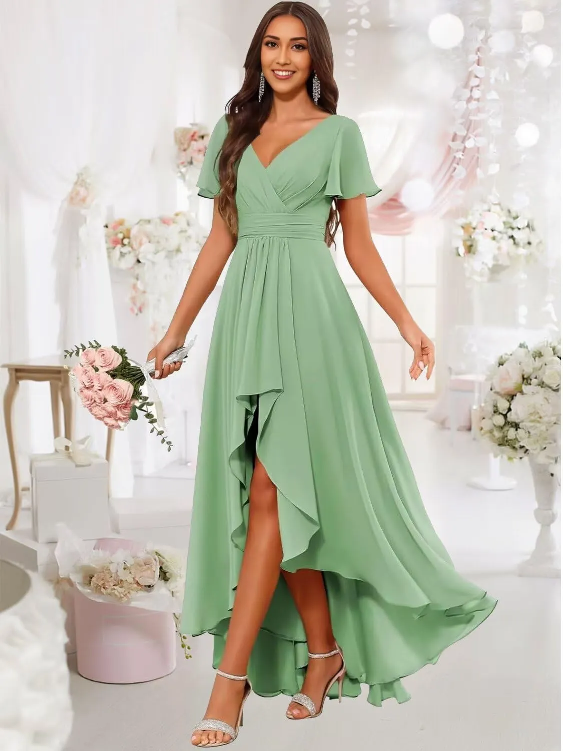 DREAMIND High Low Chiffon Bridesmaid Dress for Women V Neck Short Sleeve Evening Party Dresses with Pocket DD001