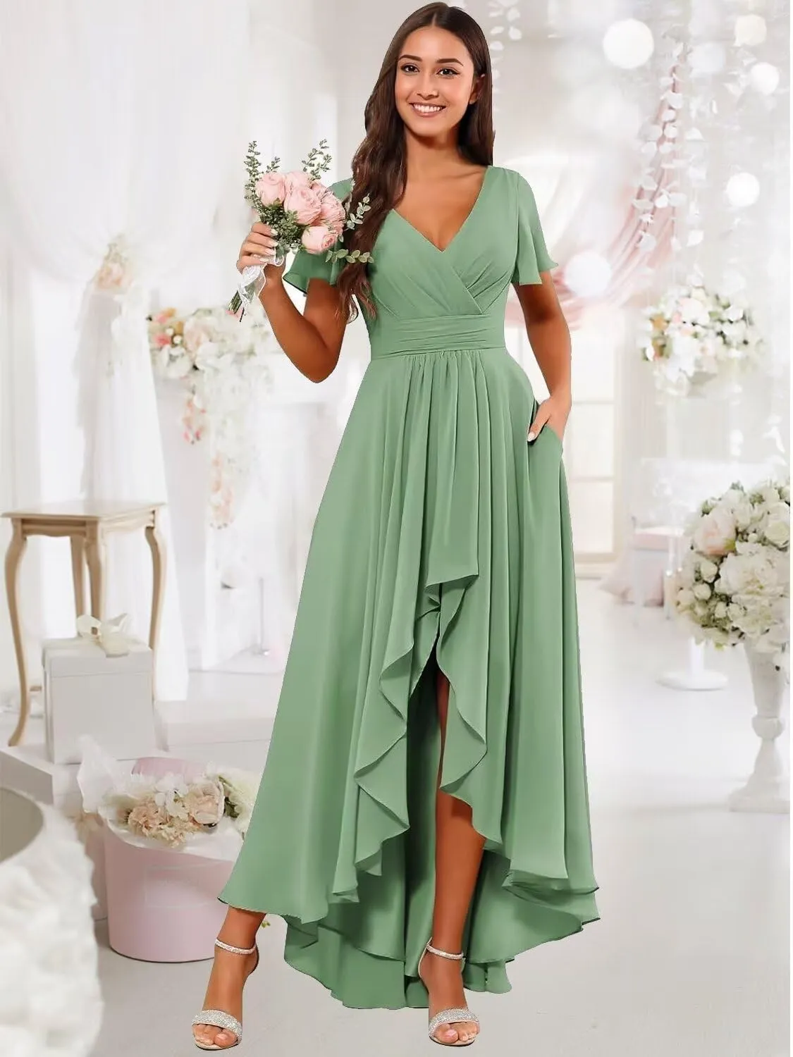 DREAMIND High Low Chiffon Bridesmaid Dress for Women V Neck Short Sleeve Evening Party Dresses with Pocket DD001