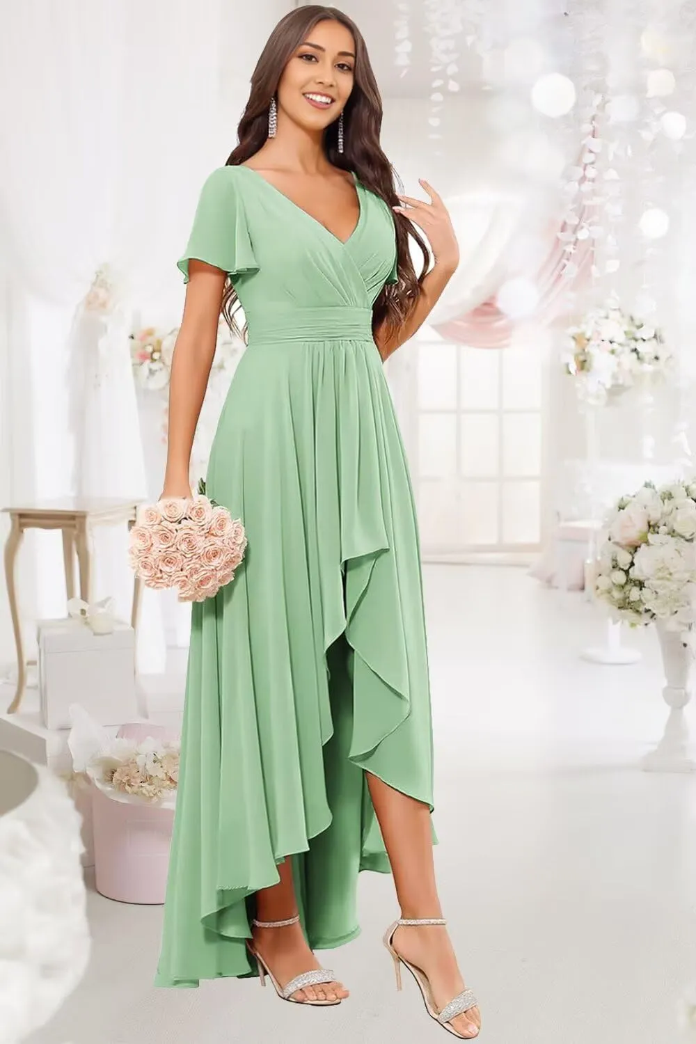 DREAMIND High Low Chiffon Bridesmaid Dress for Women V Neck Short Sleeve Evening Party Dresses with Pocket DD001