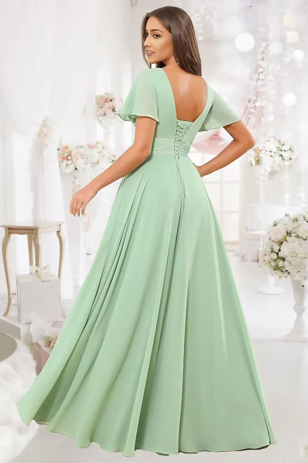 DREAMIND High Low Chiffon Bridesmaid Dress for Women V Neck Short Sleeve Evening Party Dresses with Pocket DD001