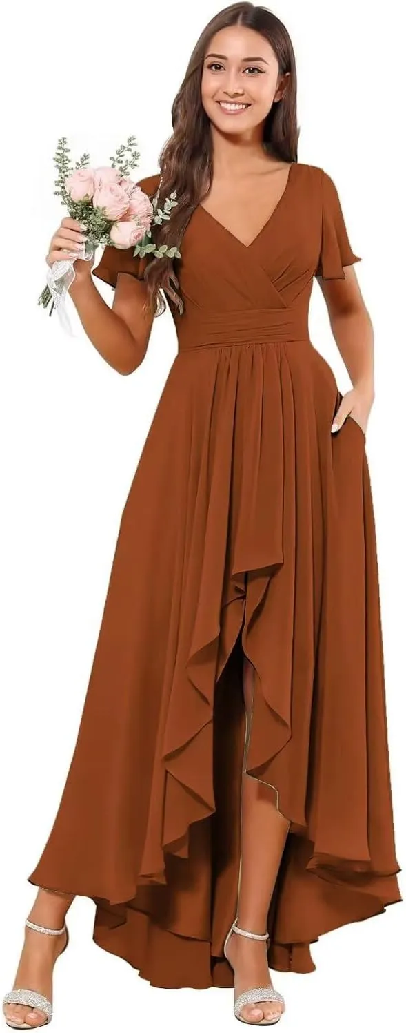 DREAMIND High Low Chiffon Bridesmaid Dress for Women V Neck Short Sleeve Evening Party Dresses with Pocket DD001