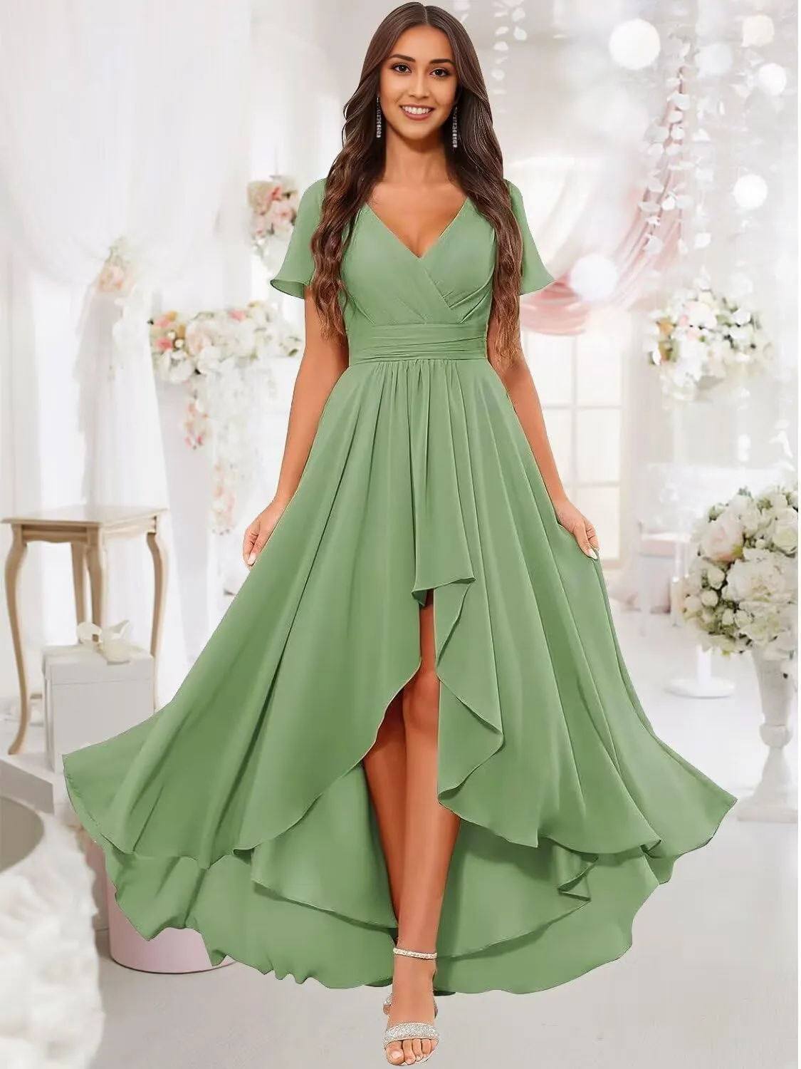 DREAMIND High Low Chiffon Bridesmaid Dress for Women V Neck Short Sleeve Evening Party Dresses with Pocket DD001