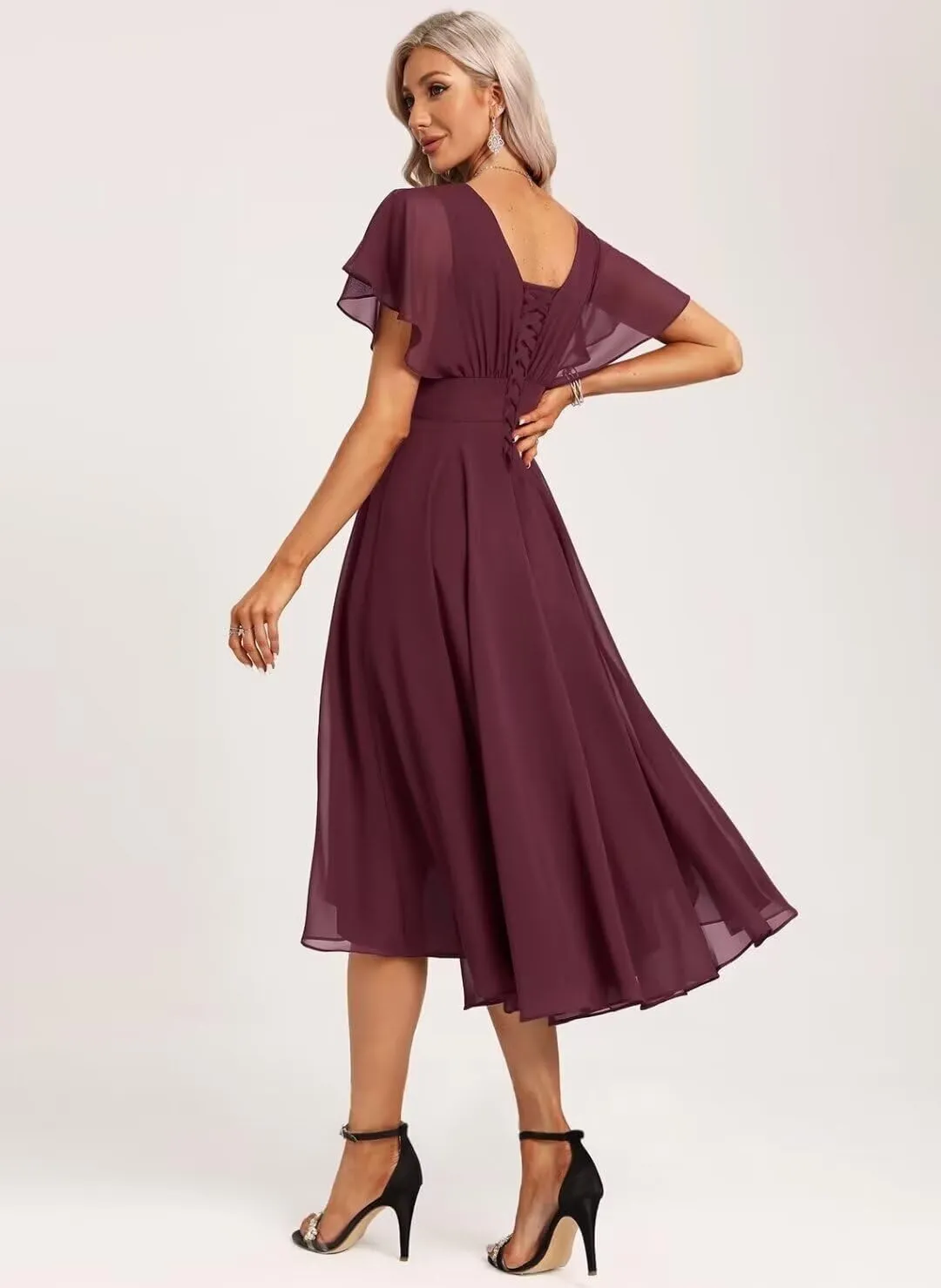 DREAMIND Women's Bridesmaid Dresses for Wedding with Ruffle Sleeves High Low Chiffon Formal Party Gown