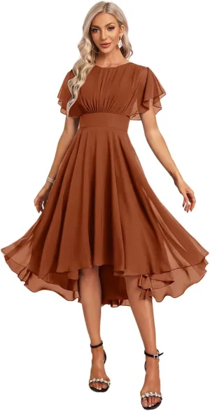 DREAMIND Women's Bridesmaid Dresses for Wedding with Ruffle Sleeves High Low Chiffon Formal Party Gown