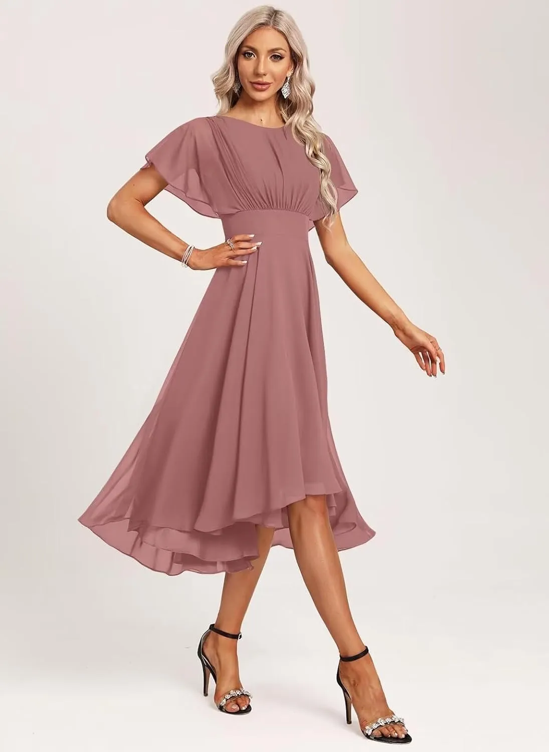DREAMIND Women's Bridesmaid Dresses for Wedding with Ruffle Sleeves High Low Chiffon Formal Party Gown